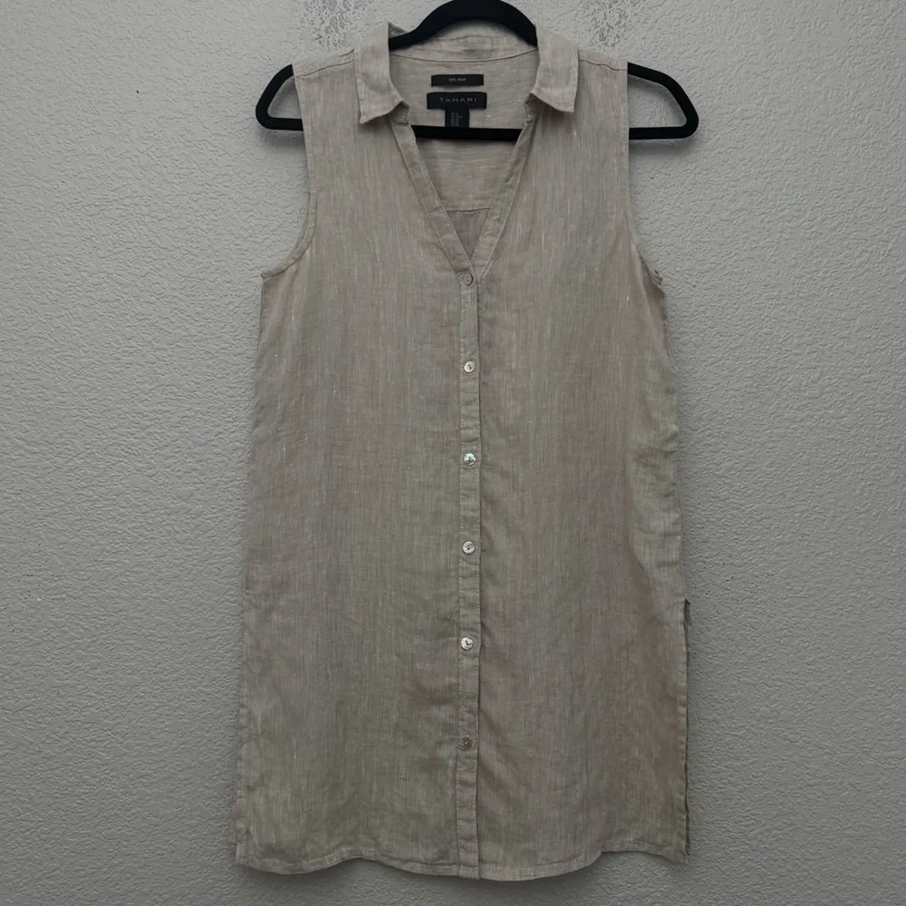 Tahari 100% Hemp Button Front Sleeveless Tunic Top Beige Size XS